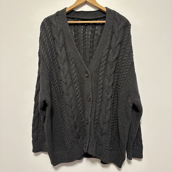 Quince Sweaters - Quince Women 100% Organic Cotton Oversized Cable Knit Cardigan Charcoal Gray L